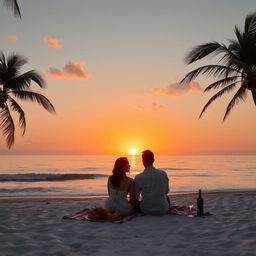 A picturesque sunset over a tranquil beach, with golden hues painting the sky and reflecting on the calm ocean waves