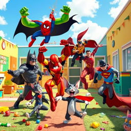 A vibrant and dynamic scene featuring Hulk, Spider-Man, Iron Man, Batman, Superman, Tom and Jerry, and Oggy, joyfully playing together in a colorful classroom yard