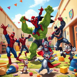 A vibrant and dynamic scene featuring Hulk, Spider-Man, Iron Man, Batman, Superman, Tom and Jerry, and Oggy, joyfully playing together in a colorful classroom yard