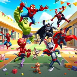 A vibrant and dynamic scene featuring Hulk, Spider-Man, Iron Man, Batman, Superman, Tom and Jerry, and Oggy, joyfully playing together in a colorful classroom yard