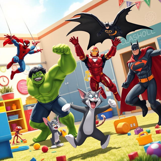 A vibrant and dynamic scene featuring Hulk, Spider-Man, Iron Man, Batman, Superman, Tom and Jerry, and Oggy, joyfully playing together in a colorful classroom yard