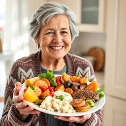 A warm, inviting image of a smiling elderly woman holding a beautifully presented plate of colorful food