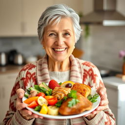 A warm, inviting image of a smiling elderly woman holding a beautifully presented plate of colorful food