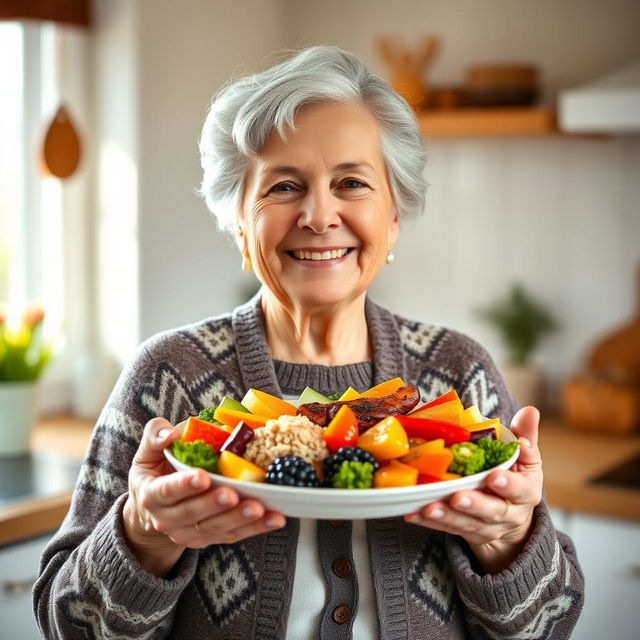 A warm, inviting image of a smiling elderly woman holding a beautifully presented plate of colorful food