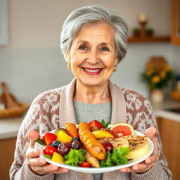 A warm, inviting image of a smiling elderly woman holding a beautifully presented plate of colorful food