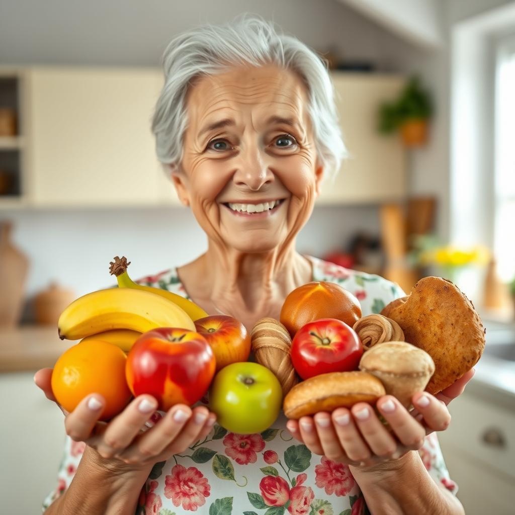 A smiling elderly woman holding a variety of colorful foods in her hands