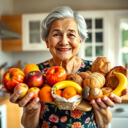 A smiling elderly woman holding a variety of colorful foods in her hands