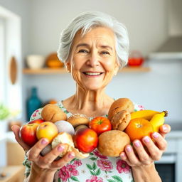 A smiling elderly woman holding a variety of colorful foods in her hands