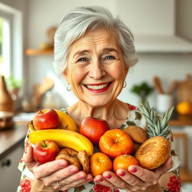 A smiling elderly woman holding a variety of colorful foods in her hands