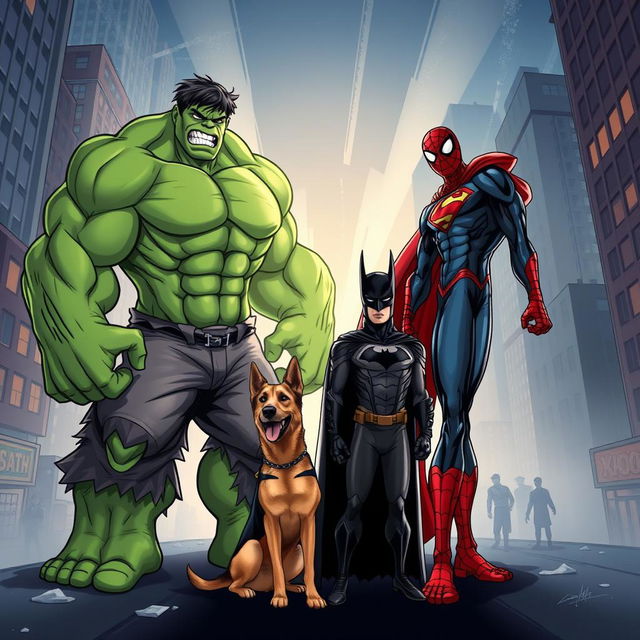 A creative illustration featuring a unique combination of superheroes and a dog