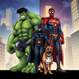 A creative illustration featuring a unique combination of superheroes and a dog