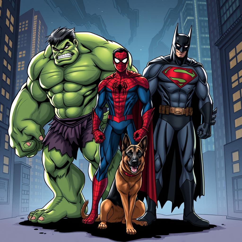 A creative illustration featuring a unique combination of superheroes and a dog