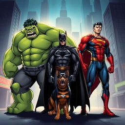 A creative illustration featuring a unique combination of superheroes and a dog