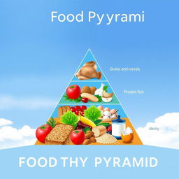 A visually appealing triangular food pyramid illustration, showcasing a variety of food groups arranged by nutritional value