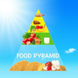 A visually appealing triangular food pyramid illustration, showcasing a variety of food groups arranged by nutritional value