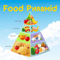 A visually appealing triangular food pyramid illustration, showcasing a variety of food groups arranged by nutritional value