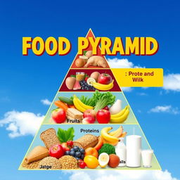 A visually appealing triangular food pyramid illustration, showcasing a variety of food groups arranged by nutritional value
