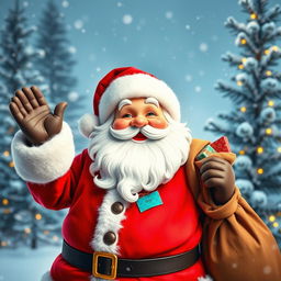 A cheerful Santa Claus standing against a snowy backdrop, wearing a traditional red suit with white fur trim
