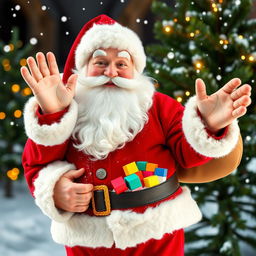 A cheerful Santa Claus standing against a snowy backdrop, wearing a traditional red suit with white fur trim