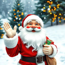 A cheerful Santa Claus standing against a snowy backdrop, wearing a traditional red suit with white fur trim