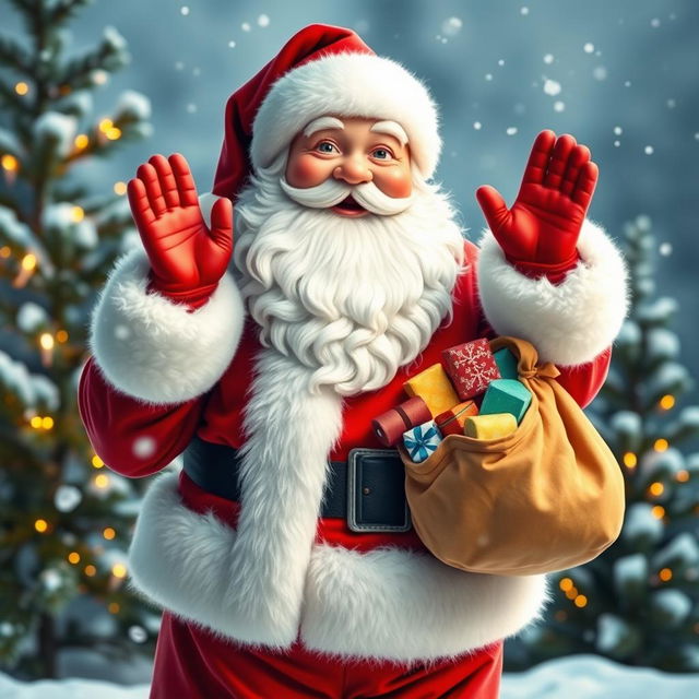 A cheerful Santa Claus standing against a snowy backdrop, wearing a traditional red suit with white fur trim