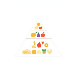 A simple and flat triangular food pyramid illustration, consisting of three distinct sections representing different food groups