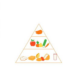 A simple and flat triangular food pyramid illustration, consisting of three distinct sections representing different food groups