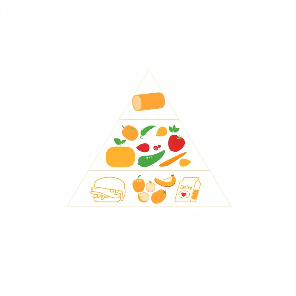 A simple and flat triangular food pyramid illustration, consisting of three distinct sections representing different food groups