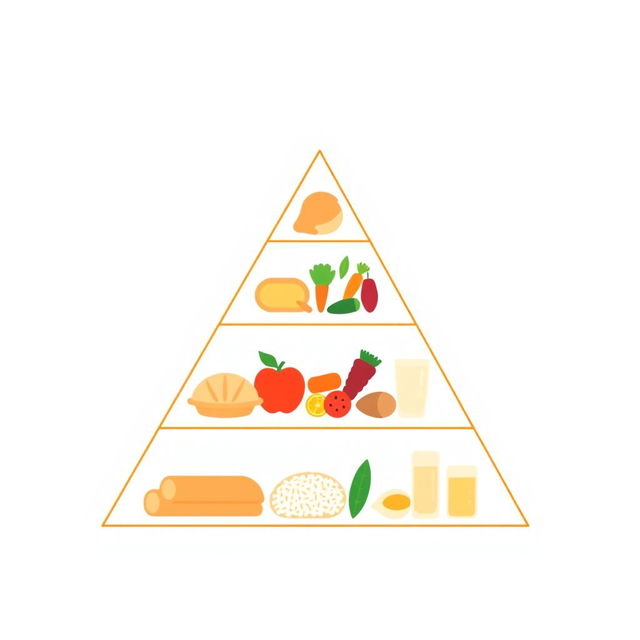 A simple and flat triangular food pyramid illustration, consisting of three distinct sections representing different food groups