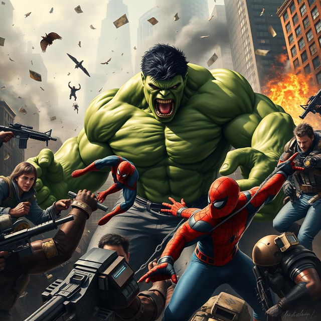 A dramatic scene depicting the Hulk in a fierce battle against a group of humans, showcasing intense action and chaotic energy