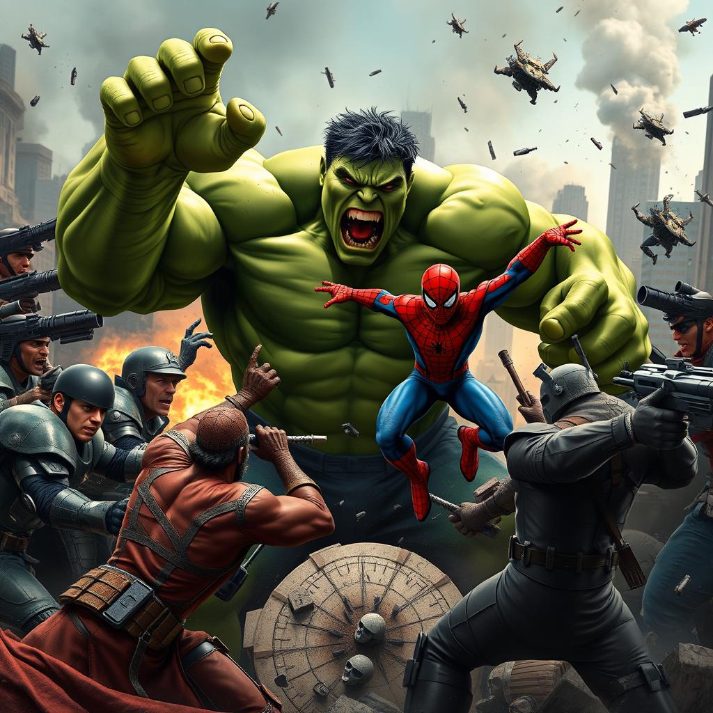 A dramatic scene depicting the Hulk in a fierce battle against a group of humans, showcasing intense action and chaotic energy