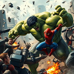 A dramatic scene depicting the Hulk in a fierce battle against a group of humans, showcasing intense action and chaotic energy