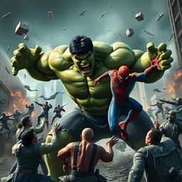 A dramatic scene depicting the Hulk in a fierce battle against a group of humans, showcasing intense action and chaotic energy