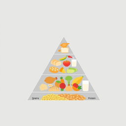 A simple and flat triangular food pyramid illustration, featuring three sections to clearly represent different food groups