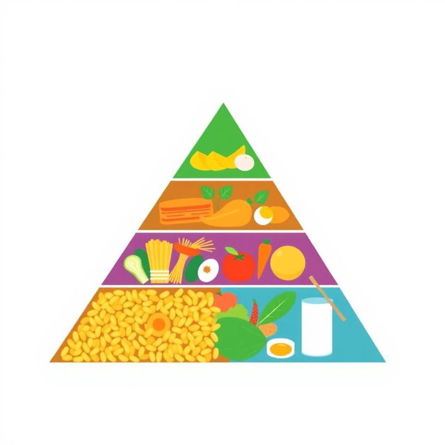 A simple and flat triangular food pyramid illustration, featuring three sections to clearly represent different food groups