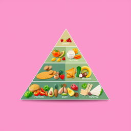 A triangular food pyramid design with clean lines and a smooth surface, showcasing various food groups in a visually appealing way
