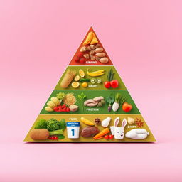 A triangular food pyramid design with clean lines and a smooth surface, showcasing various food groups in a visually appealing way