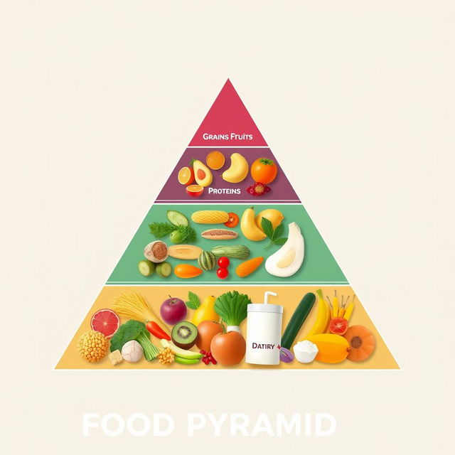 A triangular food pyramid design with clean lines and a smooth surface, showcasing various food groups in a visually appealing way