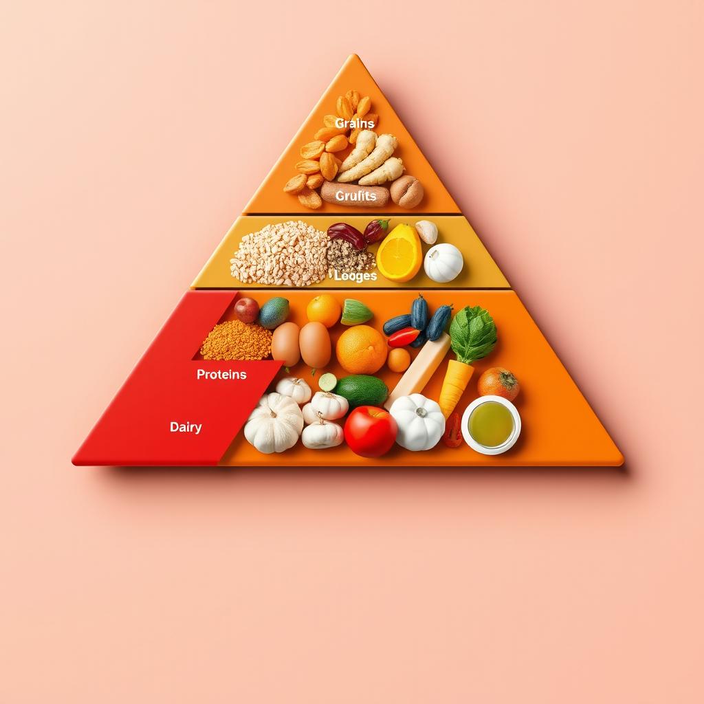 A triangular food pyramid design with clean lines and a smooth surface, showcasing various food groups in a visually appealing way