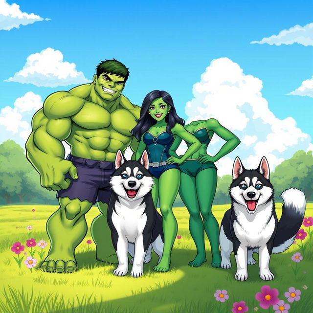 A vibrant and dynamic illustration featuring Hulk, She-Hulk, and Baby Hulk standing together in a cheerful and friendly manner