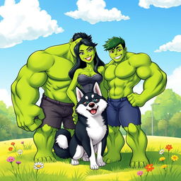 A vibrant and dynamic illustration featuring Hulk, She-Hulk, and Baby Hulk standing together in a cheerful and friendly manner