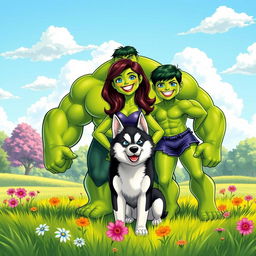 A vibrant and dynamic illustration featuring Hulk, She-Hulk, and Baby Hulk standing together in a cheerful and friendly manner