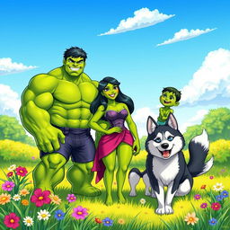 A vibrant and dynamic illustration featuring Hulk, She-Hulk, and Baby Hulk standing together in a cheerful and friendly manner