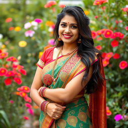 A beautiful 35-year-old Hindu Indian woman dressed in traditional langra attire, featuring a vibrant saree with intricate patterns and elegant draping, adorned with delicate jewelry including bangles, earrings, and a necklace