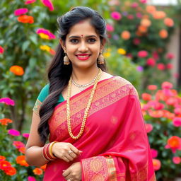 A beautiful 35-year-old Hindu Indian woman dressed in traditional langra attire, featuring a vibrant saree with intricate patterns and elegant draping, adorned with delicate jewelry including bangles, earrings, and a necklace