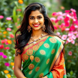A beautiful 35-year-old Hindu Indian woman dressed in traditional langra attire, featuring a vibrant saree with intricate patterns and elegant draping, adorned with delicate jewelry including bangles, earrings, and a necklace