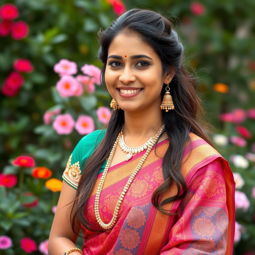 A beautiful 35-year-old Hindu Indian woman dressed in traditional langra attire, featuring a vibrant saree with intricate patterns and elegant draping, adorned with delicate jewelry including bangles, earrings, and a necklace