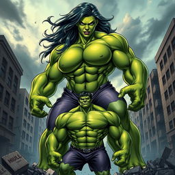 A powerful and muscular female Hulk towering over a smaller male Hulk, showcasing their remarkable strength and contrasting sizes