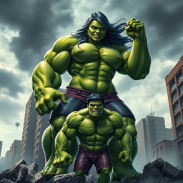 A powerful and muscular female Hulk towering over a smaller male Hulk, showcasing their remarkable strength and contrasting sizes