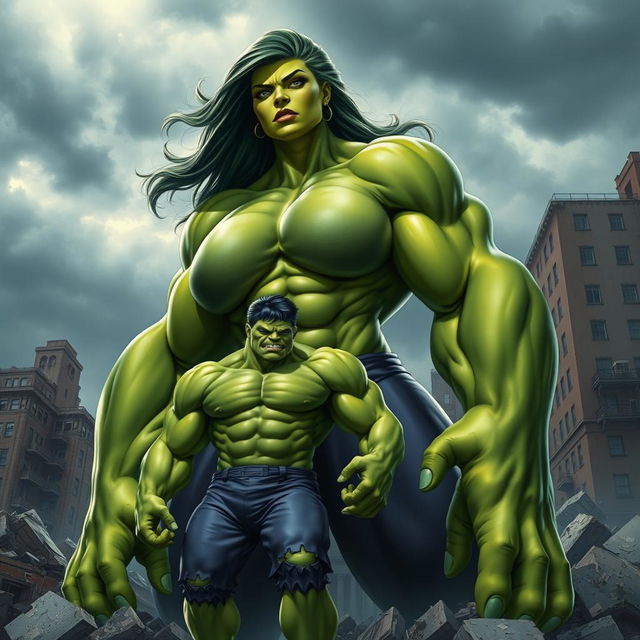 A powerful and muscular female Hulk towering over a smaller male Hulk, showcasing their remarkable strength and contrasting sizes